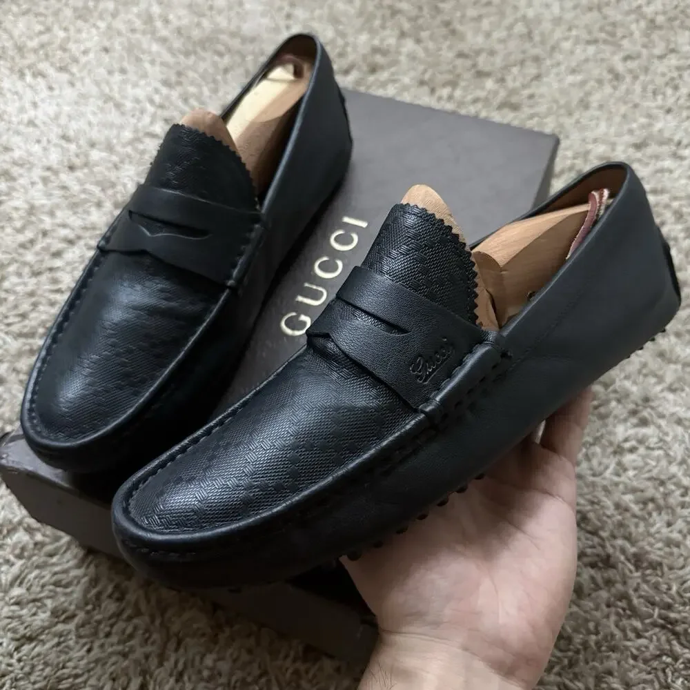 Gucci Black Leather Damo Penny Loafers Diamante Driving Shoes Men’s Size 8 G